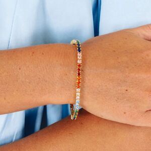 NIP‎ Rainbow Rays Rhinestone Tennis Bracelet Multicolor Gold Tone